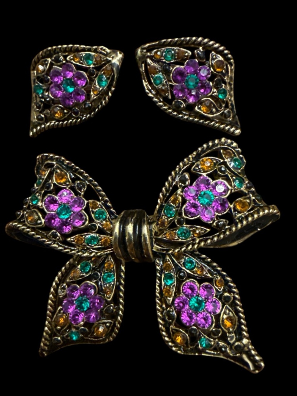 Vintage Gold-Tone Floral Bow Brooch and Earring Set - Purple & Green Accents - Picture 2 of 5